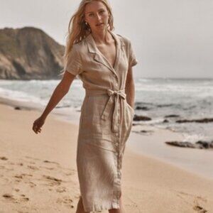 Quince 100% European Linen Belted Midi Shirt Dress Beige Size M